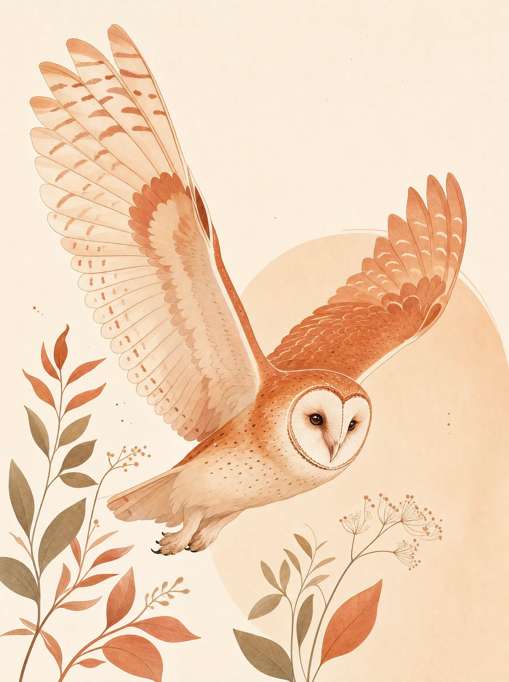 Illustrated terracotta and cream owl in flight, rendered in soft organic linework with botanical accents